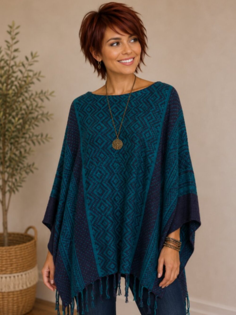 Freeway women's S oversized poncho sweater w/ fringe boho southwest style EUC